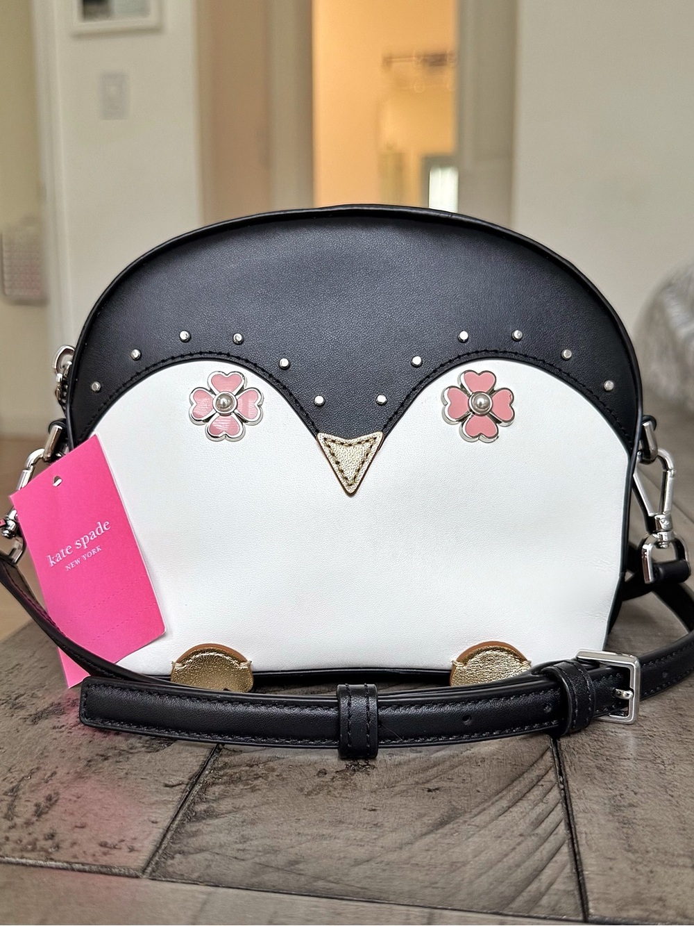 Kate Spade Penguin Crossbody Bag Black White Dome Leather Novelty Winter Purse